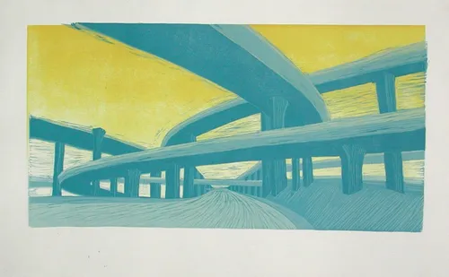 LA, city of crossed paths. linocut reduction print