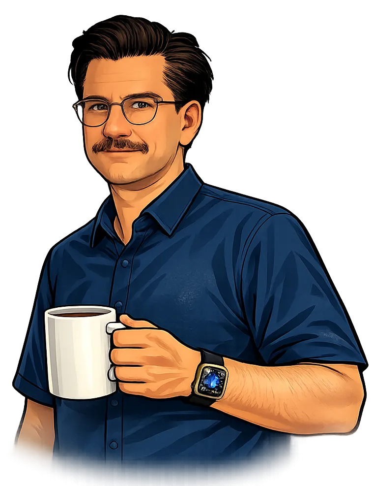 Illustration of Michal Minecki holding a coffee cup